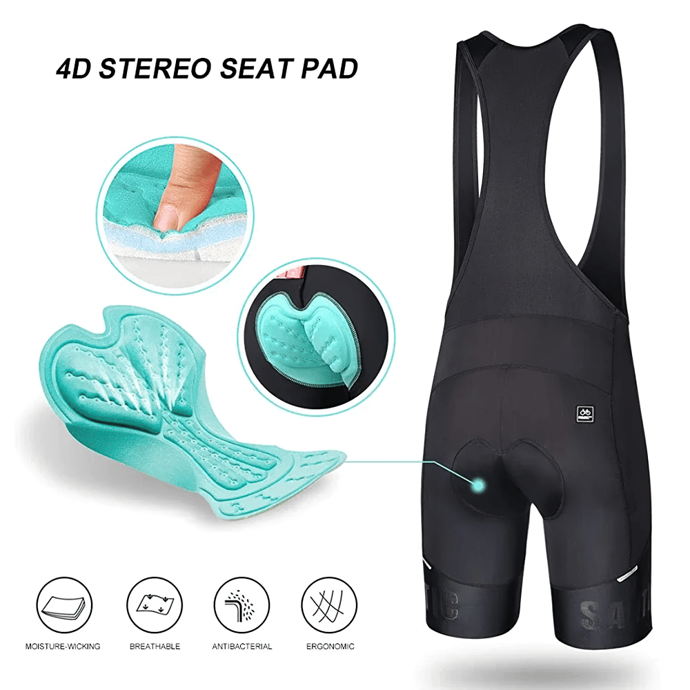 4D Stereo Seat Pad on Men's Cycling Bib Shorts with Ergonomic Moisture-Wicking Design for Maximum Comfort and Shock Absorption.