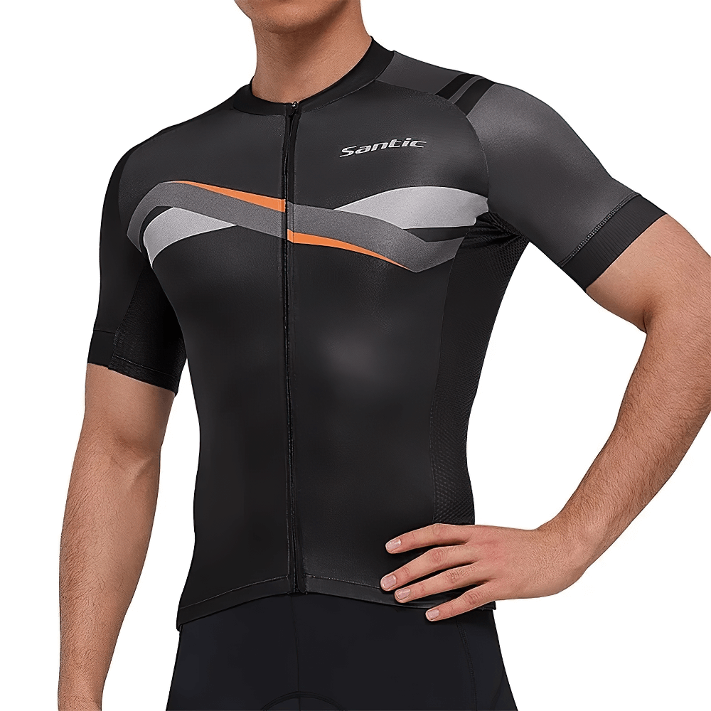 Black quick-dry men's cycling jersey with full-zip design and ergonomic fit for summer biking comfort and performance.