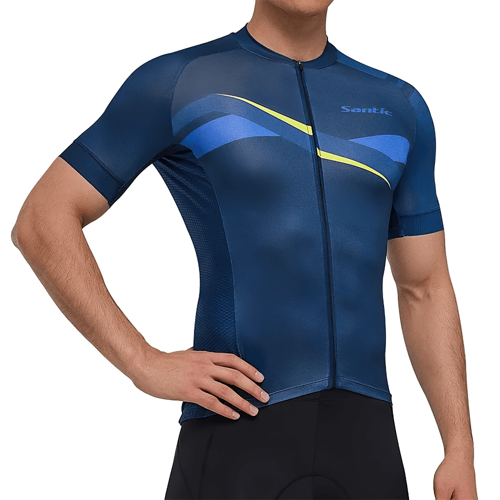 Men's blue cycling jersey with quick-dry technology and short sleeves, featuring ergonomic design for summer workouts.