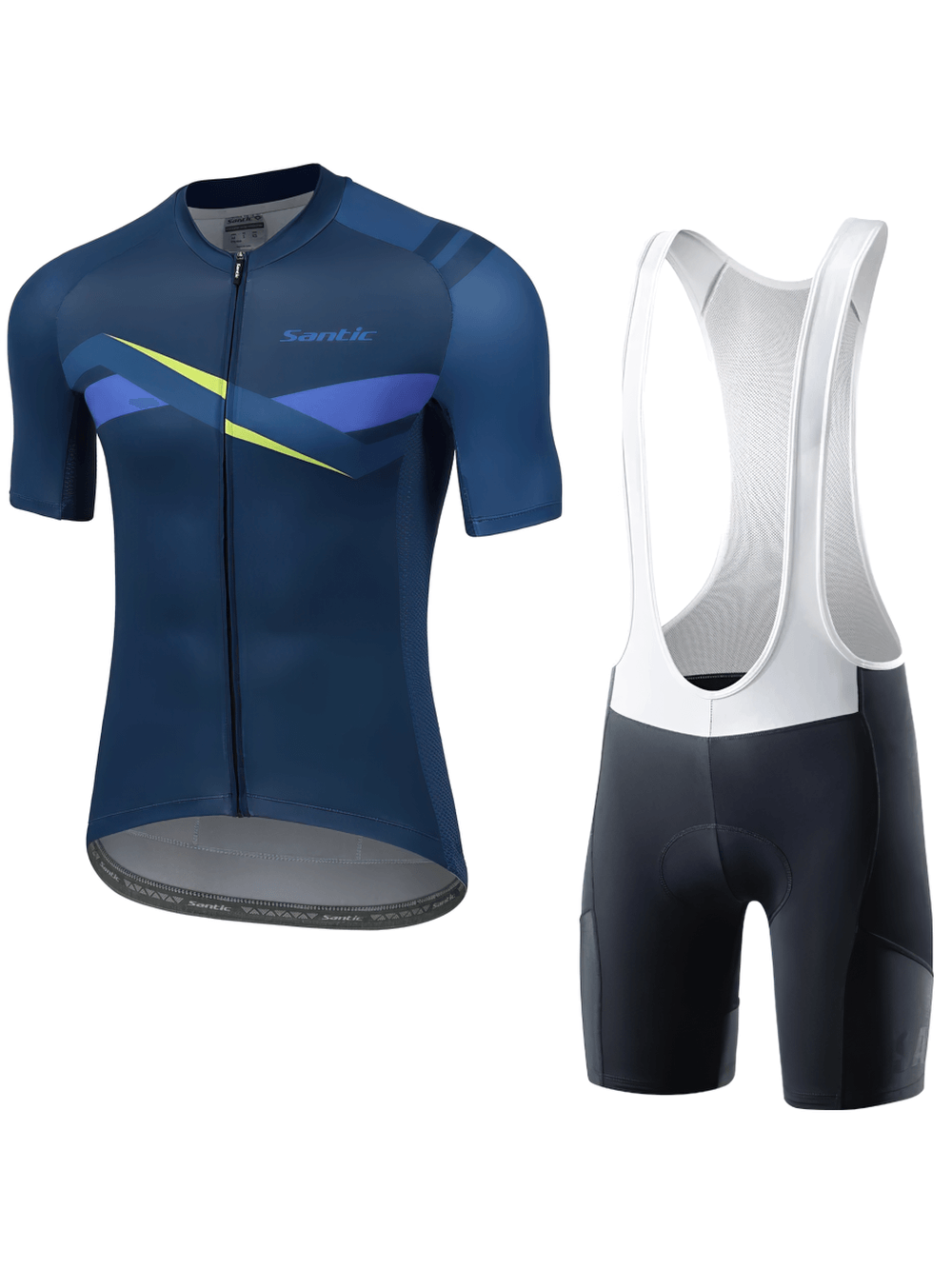 Men's blue quick-dry cycling jersey set with full-zip short-sleeve top and padded bib shorts, perfect for summer rides.