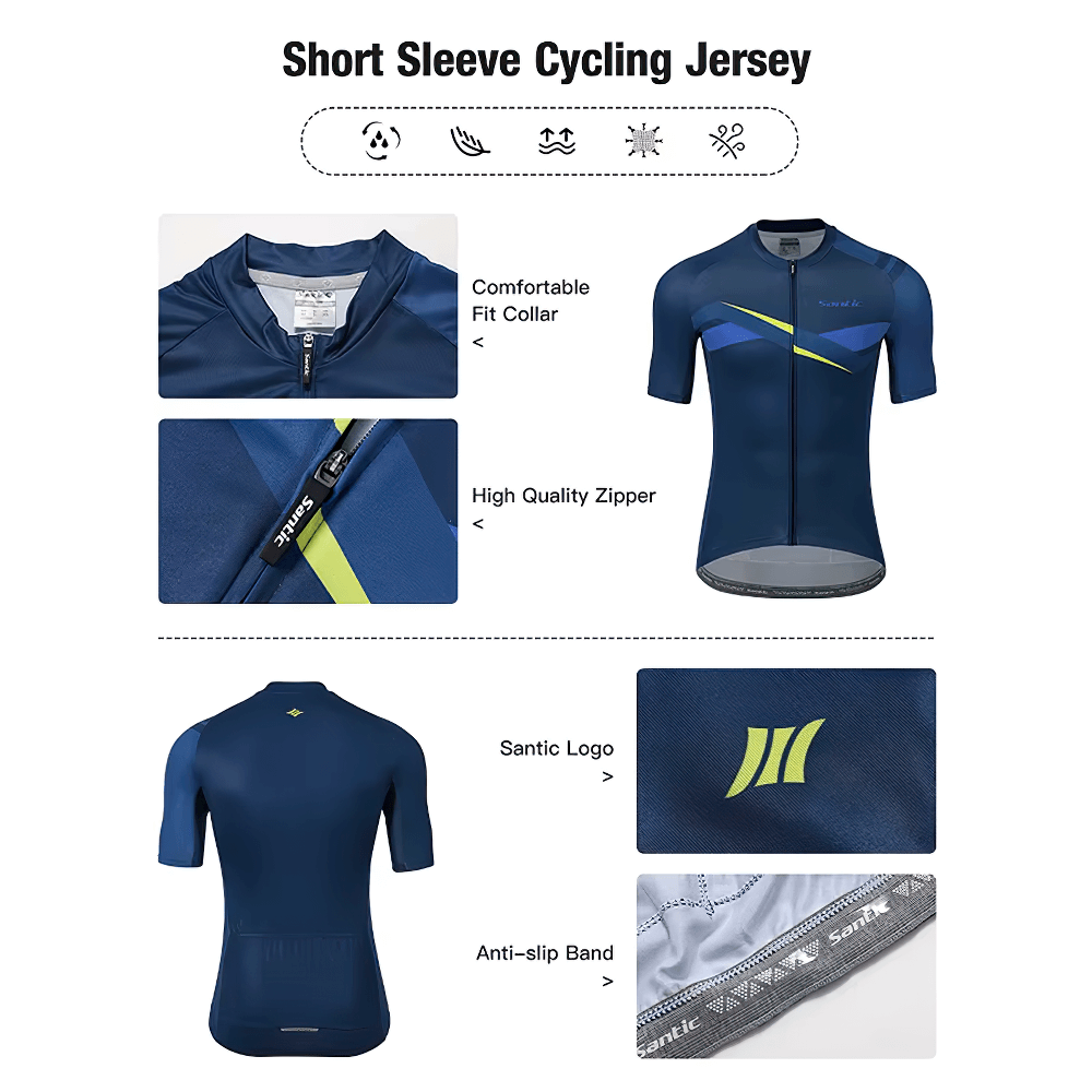 Alt Tag: Quick-Dry Men's Cycling Jersey Set with Short Sleeves, Breathable Fabric, Santic Logo, and Anti-Slip Band, Blue, SF2601