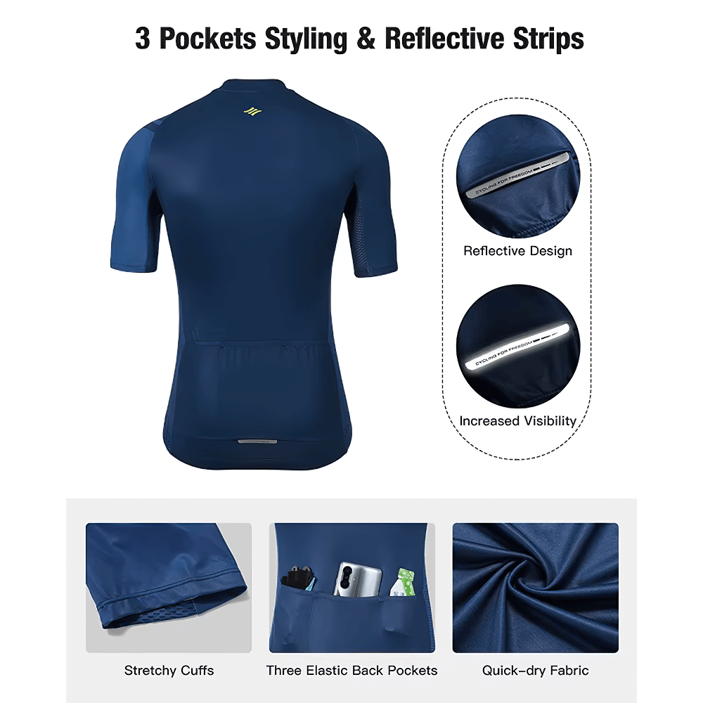 Men's cycling jersey with reflective strips, 3 elastic back pockets, stretchy cuffs, and quick-dry fabric for enhanced performance.