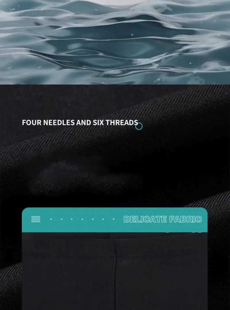 Close-up of delicate fabric with sewing details and water effect, highlighting premium quality in Quick Dry Men's Streamline Swim Trunks.