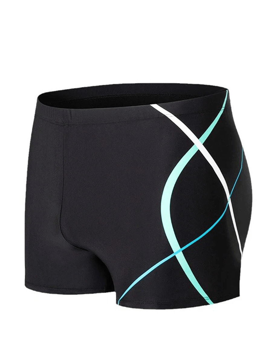 Quick dry men's streamline swim trunks with mixed color swirl pattern, showcasing sleek performance design for agility in water.