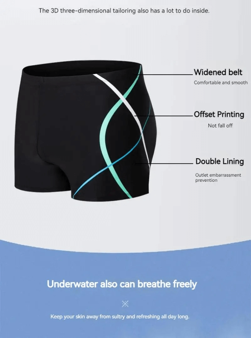 Men's Quick Dry Swim Trunks with sleek design, widened belt, and stylish offset printing, perfect for agile swimming adventures.