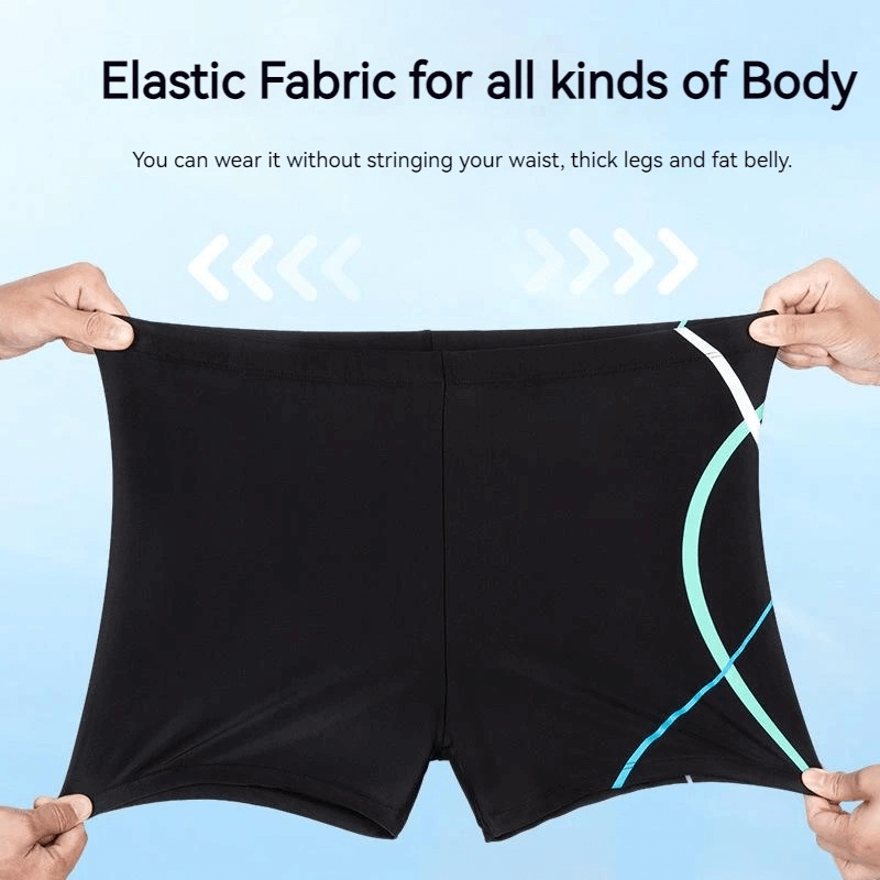 Black men's swim trunks with stretchy waistband and swirl pattern showcasing quick-dry fabric held by two hands, highlighting flexibility.