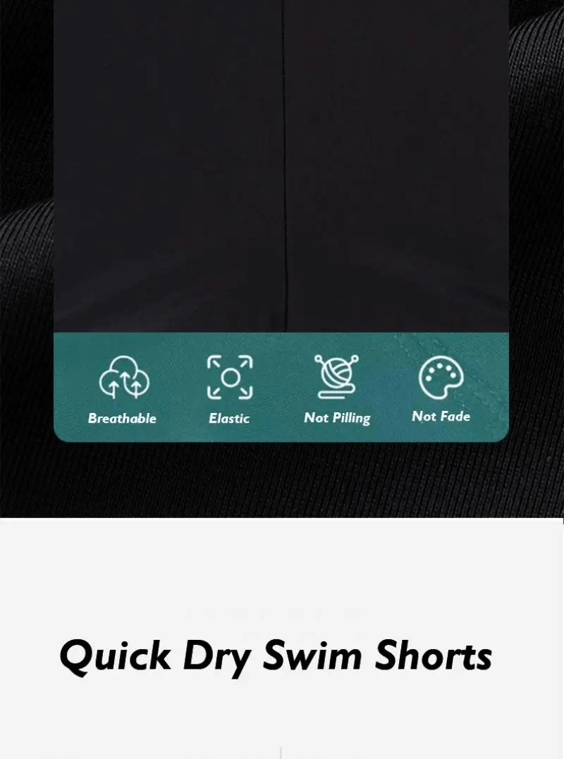 Quick Dry Men's Streamline Swim Trunks features: breathable, elastic, non-pilling, non-fade qualities for optimal swimwear.
