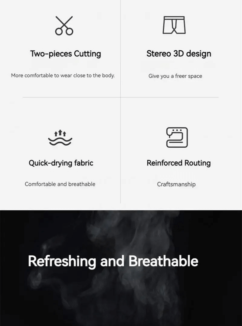 Infographic showing features of swim trunks: two-piece cutting, stereo 3D design, quick-drying fabric, reinforced routing, refreshing comfort.