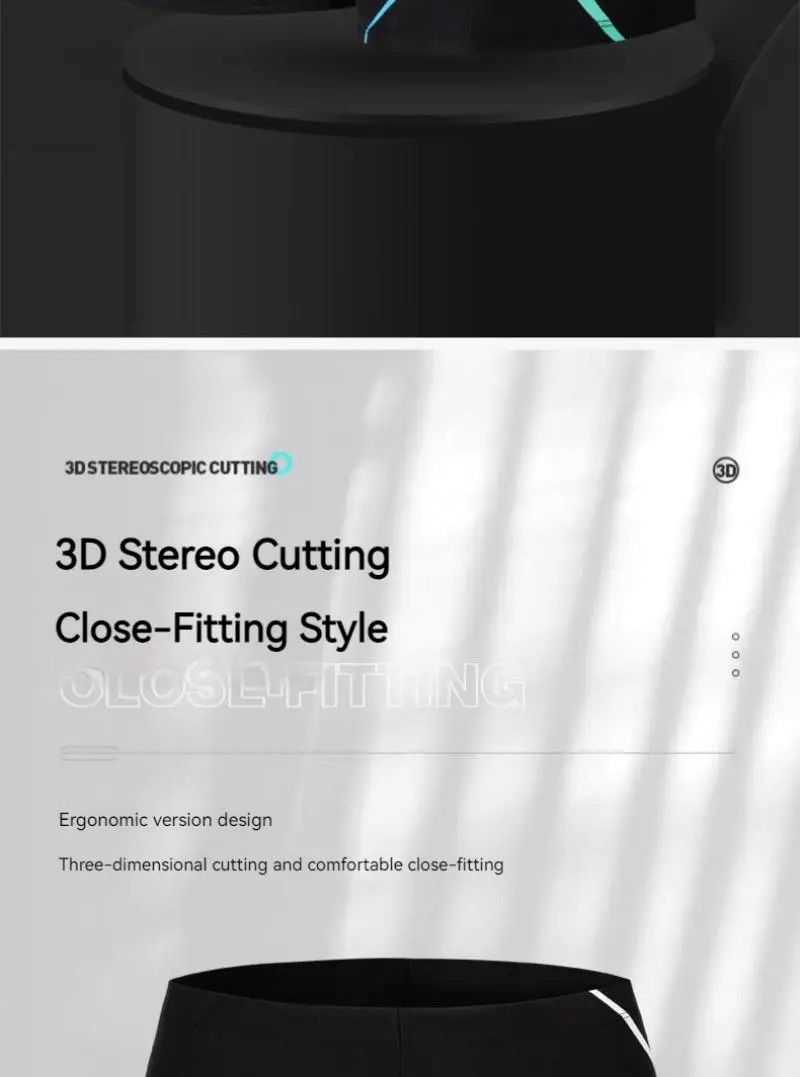 Close-up of streamline swim trunks featuring 3D stereo cutting for a close-fitting style, designed for comfort and performance.