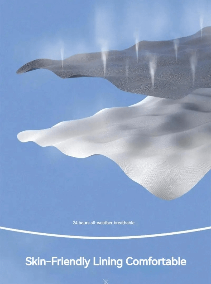 Illustration of breathable, skin-friendly fabric in a blue background, showcasing 24-hour all-weather comfort with vapor rising.