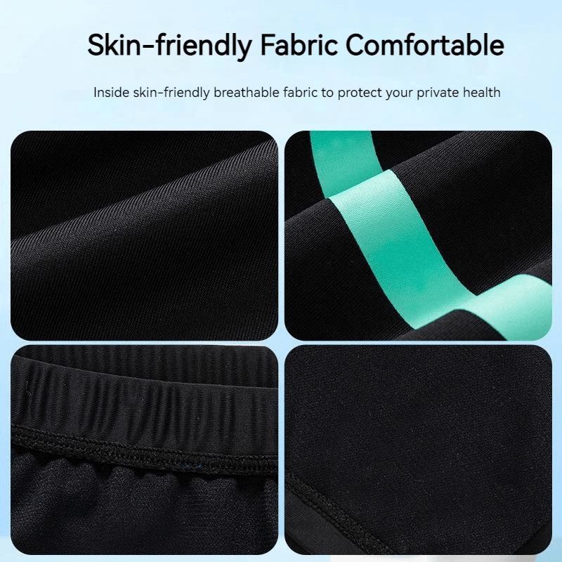 Close-up details of skin-friendly, breathable fabric on men's quick-dry streamline swim trunks with stylish design