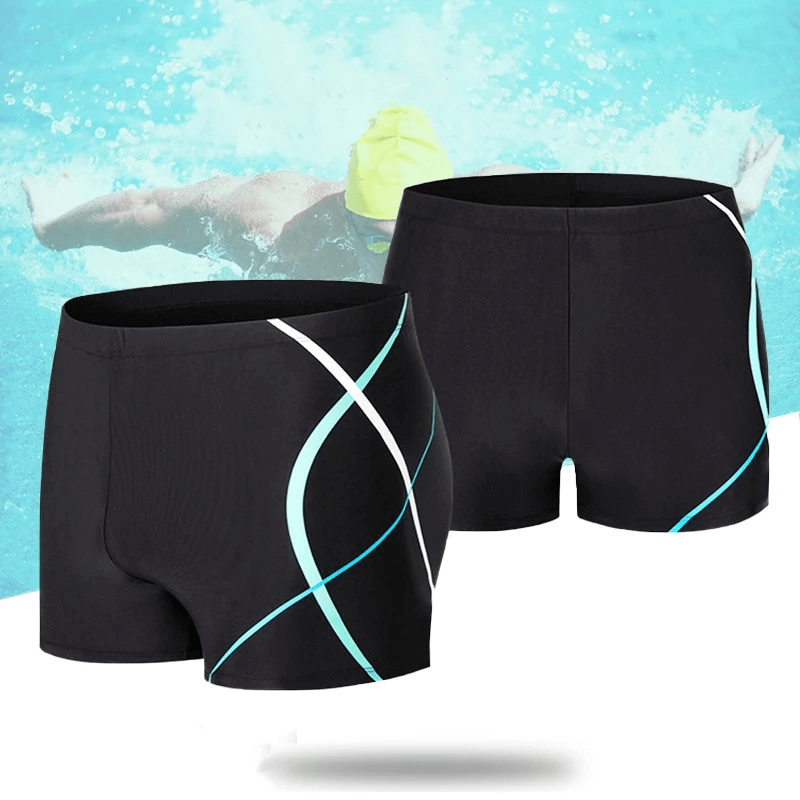 Alt Tag: Quick Dry Men's Streamline Swim Trunks - Sleek black design with a swirl pattern, perfect for athletic performance in water.