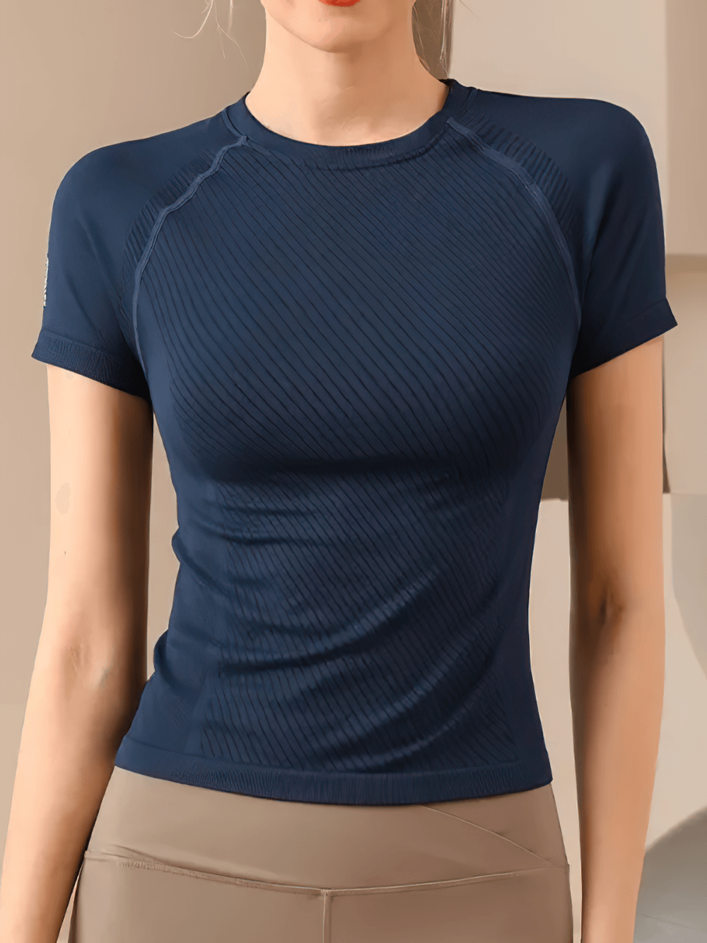 Alt Tag: Quick Dry Ribbed Short Sleeve T-Shirts for Women - SF4381 navy fitted ribbed quick-dry yoga tee, breathable crew neck top