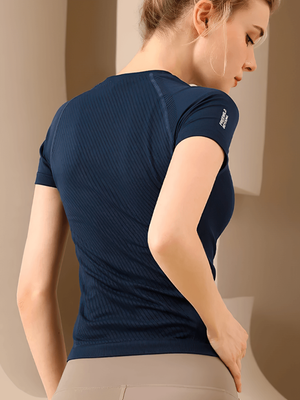 Alt Tag: Quick Dry Ribbed Short Sleeve T-Shirts for Women - SF4381 navy fitted ribbed quick-dry yoga tee, back view