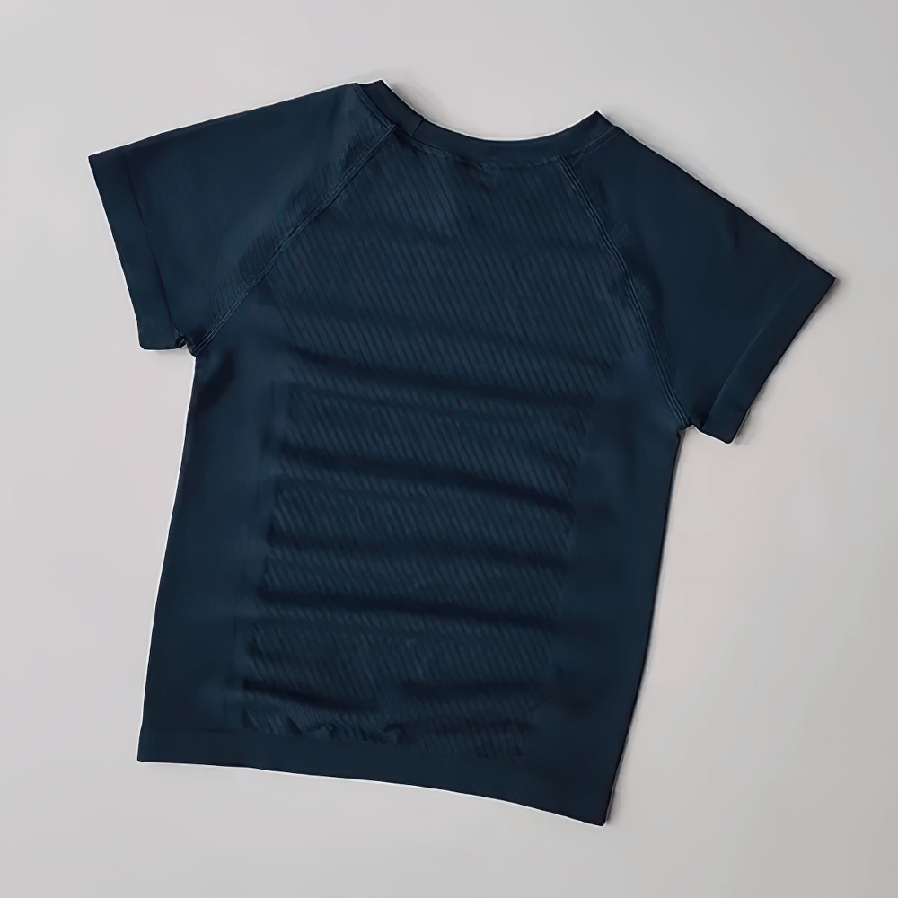 Alt Tag: Quick Dry Ribbed Short Sleeve T-Shirts for Women - SF4381 navy quick-dry ribbed yoga tee, fitted crew neck athletic top