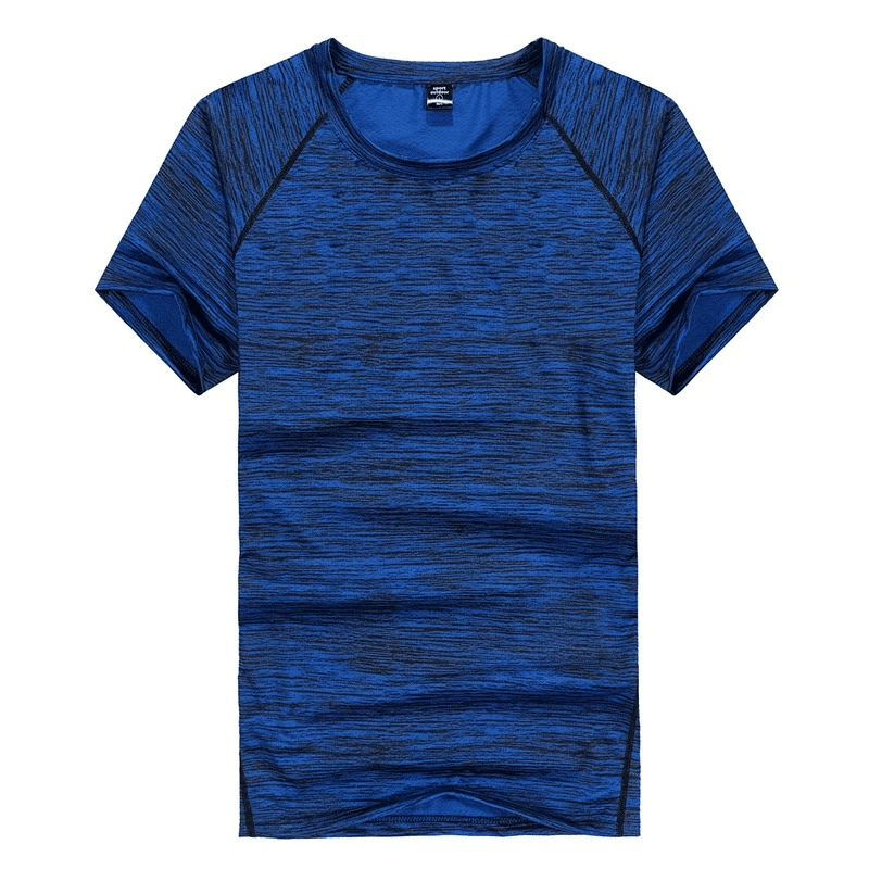 Blue quick-dry round neck running t-shirt for men with short sleeves, offering breathable comfort and stylish design, perfect for workouts.