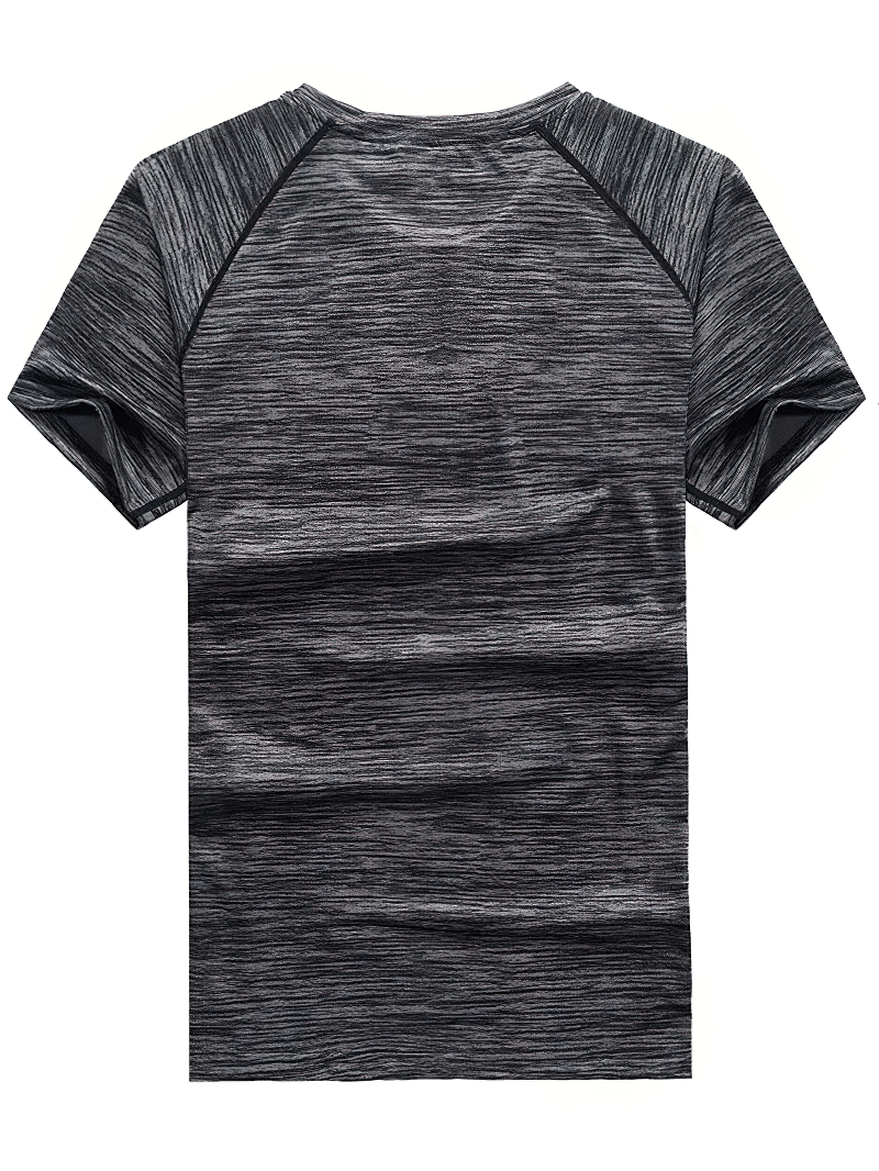 Quick-Dry Round Neck Running T-Shirt for Men in grey, showing breathable and moisture-wicking polyester fabric with short sleeves.