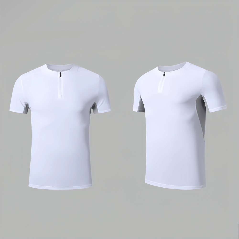 Alt Tag: Quick Dry Running Fitness Stand Collar Tee - SF4345 white short sleeve zip neck athletic jersey, moisture-wicking training top