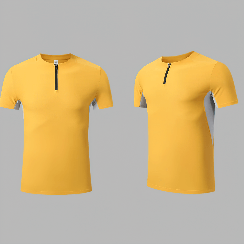 Alt Tag: Quick Dry Running Fitness Stand Collar Tee - SF4345 yellow short sleeve zip neck athletic quick-dry sports jersey