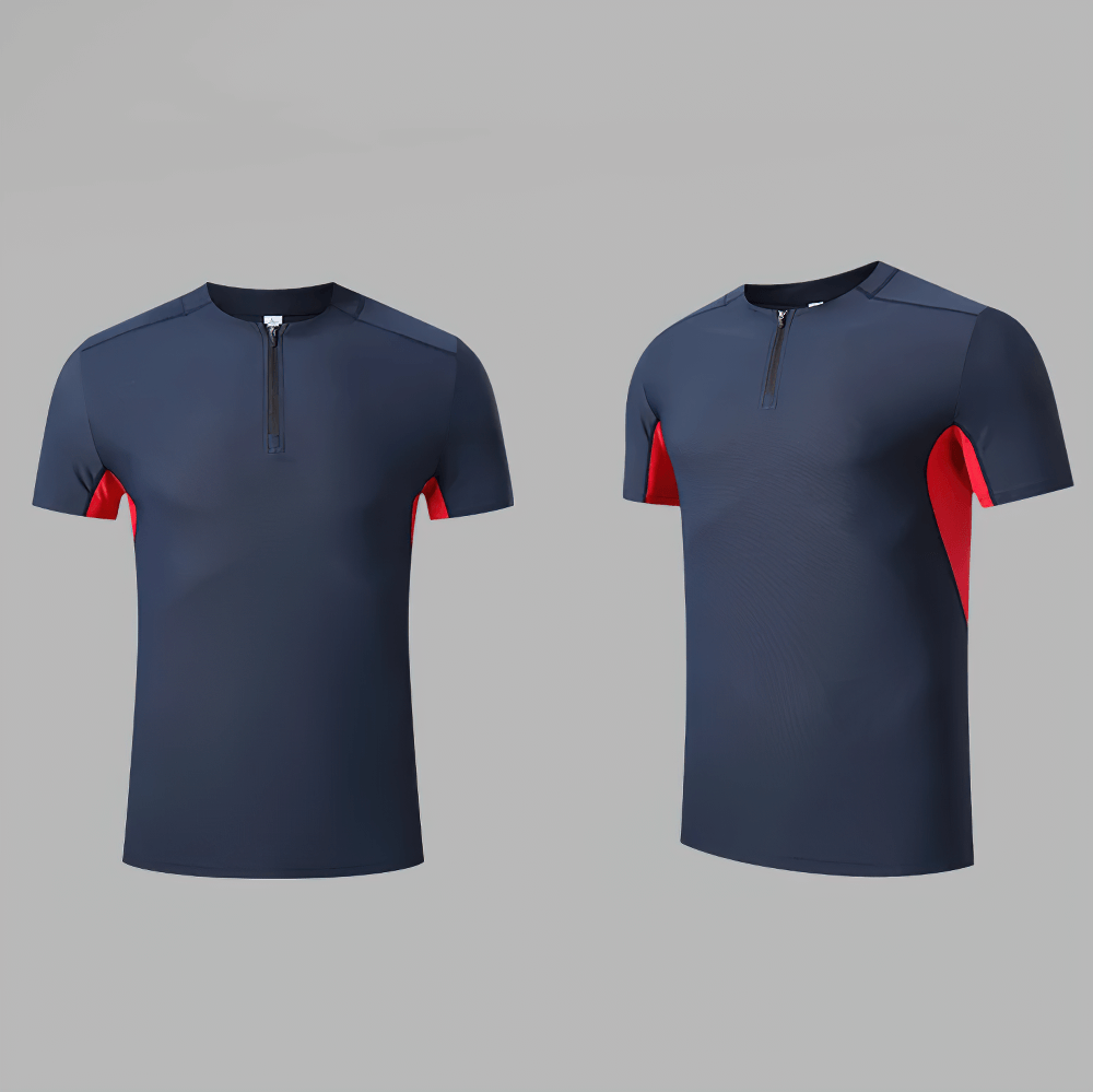 Alt Tag: Quick Dry Running Fitness Stand Collar Tee - SF4345 navy short sleeve zip neck sports jersey with red side panels