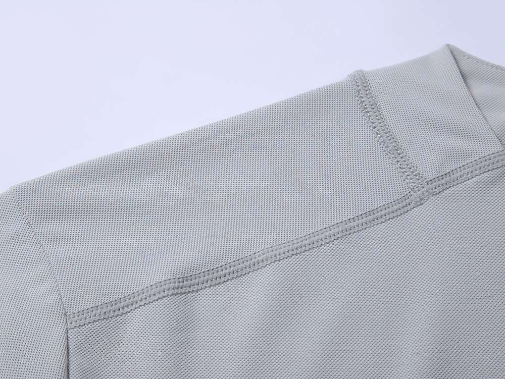 Alt Tag: Quick Dry Running Fitness Stand Collar Tee - SF4345 close-up of breathable quick-dry fabric and seam stitching