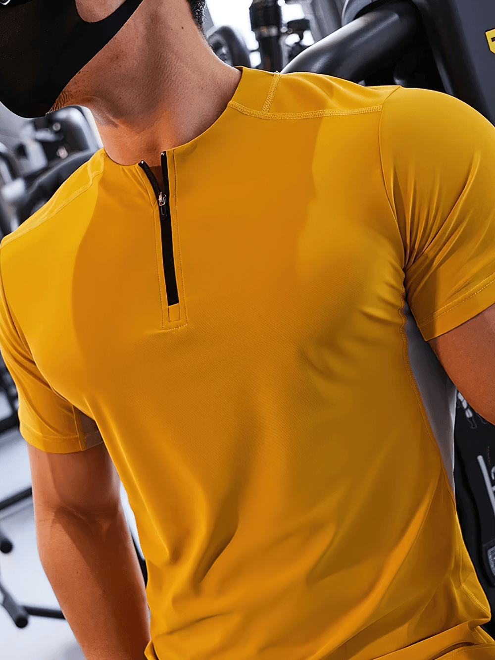 Alt Tag: Quick Dry Running Fitness Stand Collar Tee - SF4345 men’s yellow quick-dry short sleeve zip neck athletic training shirt