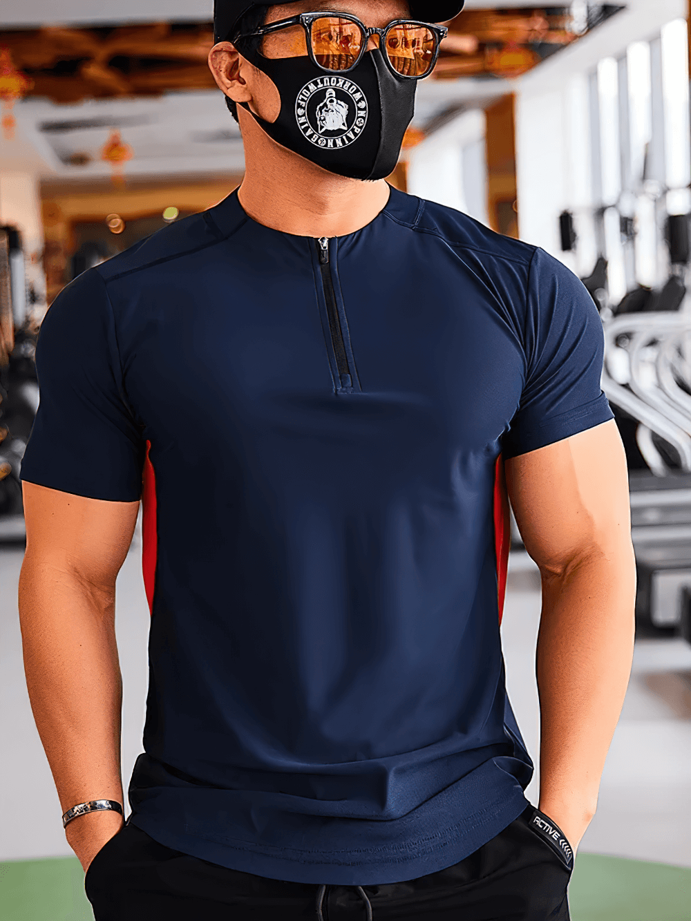 Alt Tag: Quick Dry Running Fitness Stand Collar Tee - SF4345 mens navy short sleeve zip neck quick-dry athletic training top