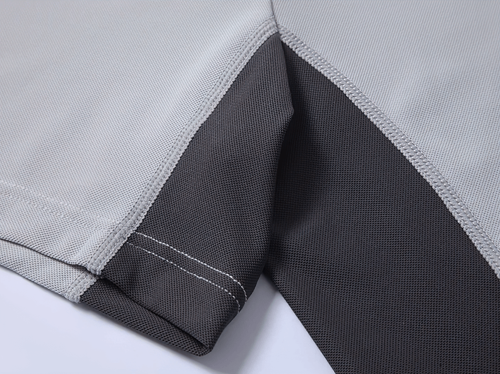 Alt Tag: Quick Dry Running Fitness Stand Collar Tee - SF4345 close-up of quick-dry sleeve hem stitching, lightweight sports jersey fabric