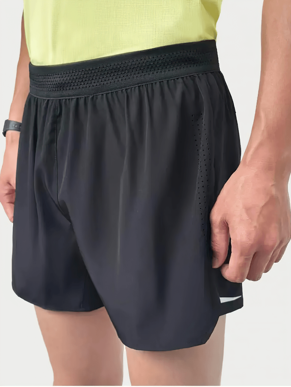 Alt Tag: Quick Dry Running Shorts with Rear Zip Pocket - SF4479 mens black split-hem training shorts with elastic waistband, quick-dry fabric