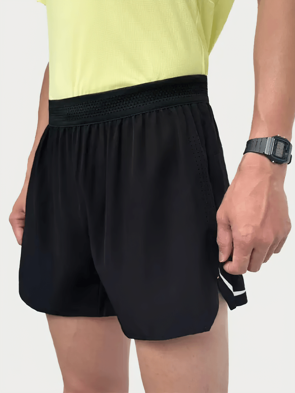 Alt Tag: Quick Dry Running Shorts with Rear Zip Pocket - SF4479 men’s black split-hem quick-dry training shorts with elastic waistband