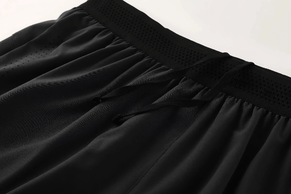 Alt Tag: Quick Dry Running Shorts with Rear Zip Pocket - SF4479 black quick-dry 2-in-1 men's running shorts with elastic waistband close-up