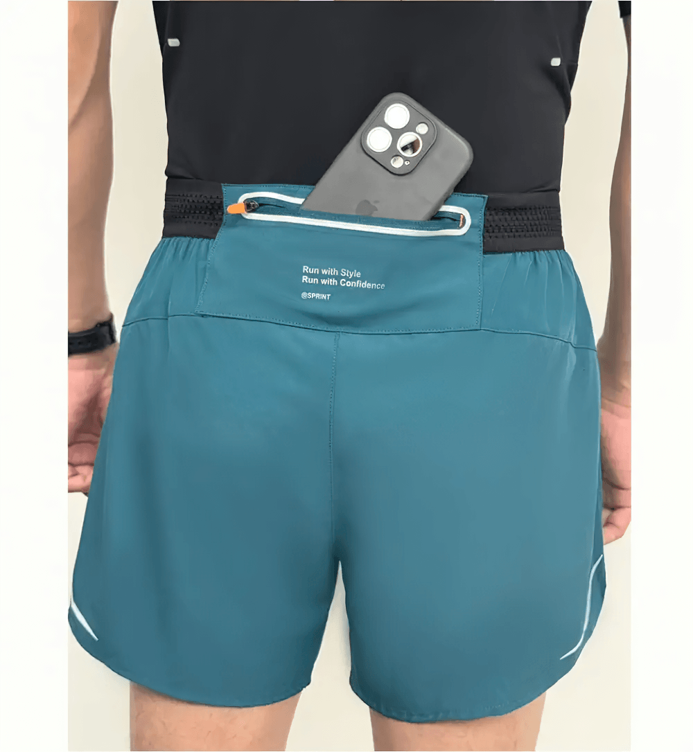 Alt Tag: Quick Dry Running Shorts with Rear Zip Pocket - SF4479 rear zip pocket holding phone, quick-dry split-hem men’s training shorts