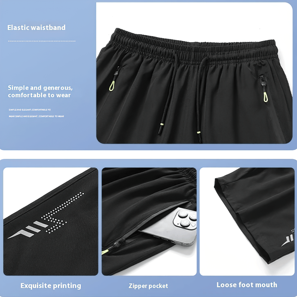 Alt Tag: Quick-Dry Running Shorts with Zipper Pocket Design - SF4426 close-up of elastic waistband, zipper pocket, and loose hem details