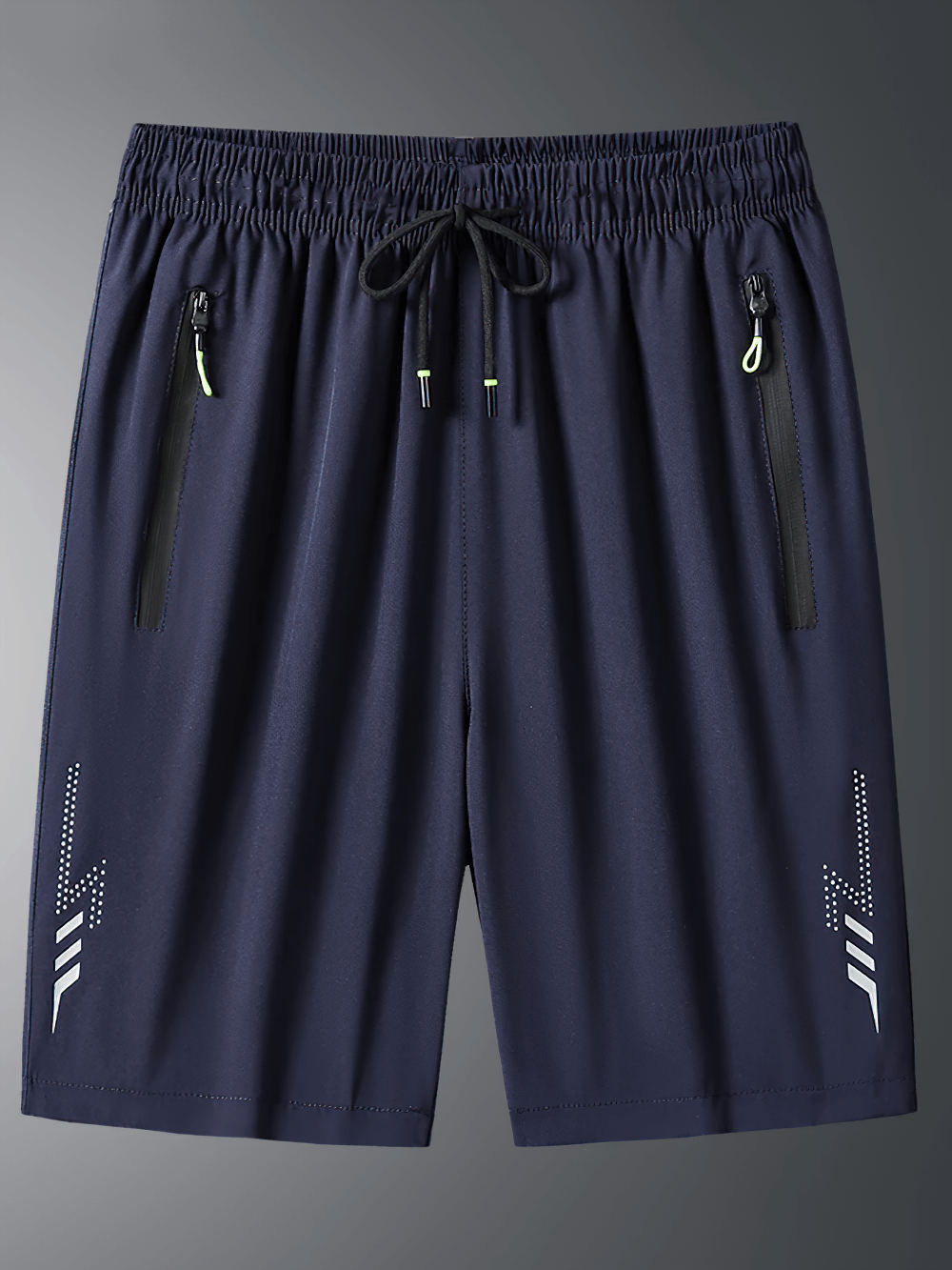 Alt Tag: Quick-Dry Running Shorts with Zipper Pocket Design - SF4426 navy shorts with drawstring waist and zip pockets, front view