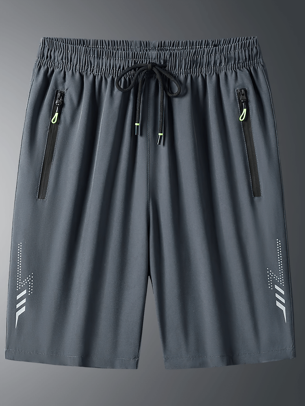 Alt Tag: Quick-Dry Running Shorts with Zipper Pocket Design - SF4426 gray athletic shorts with drawstring waist and dual zip pockets