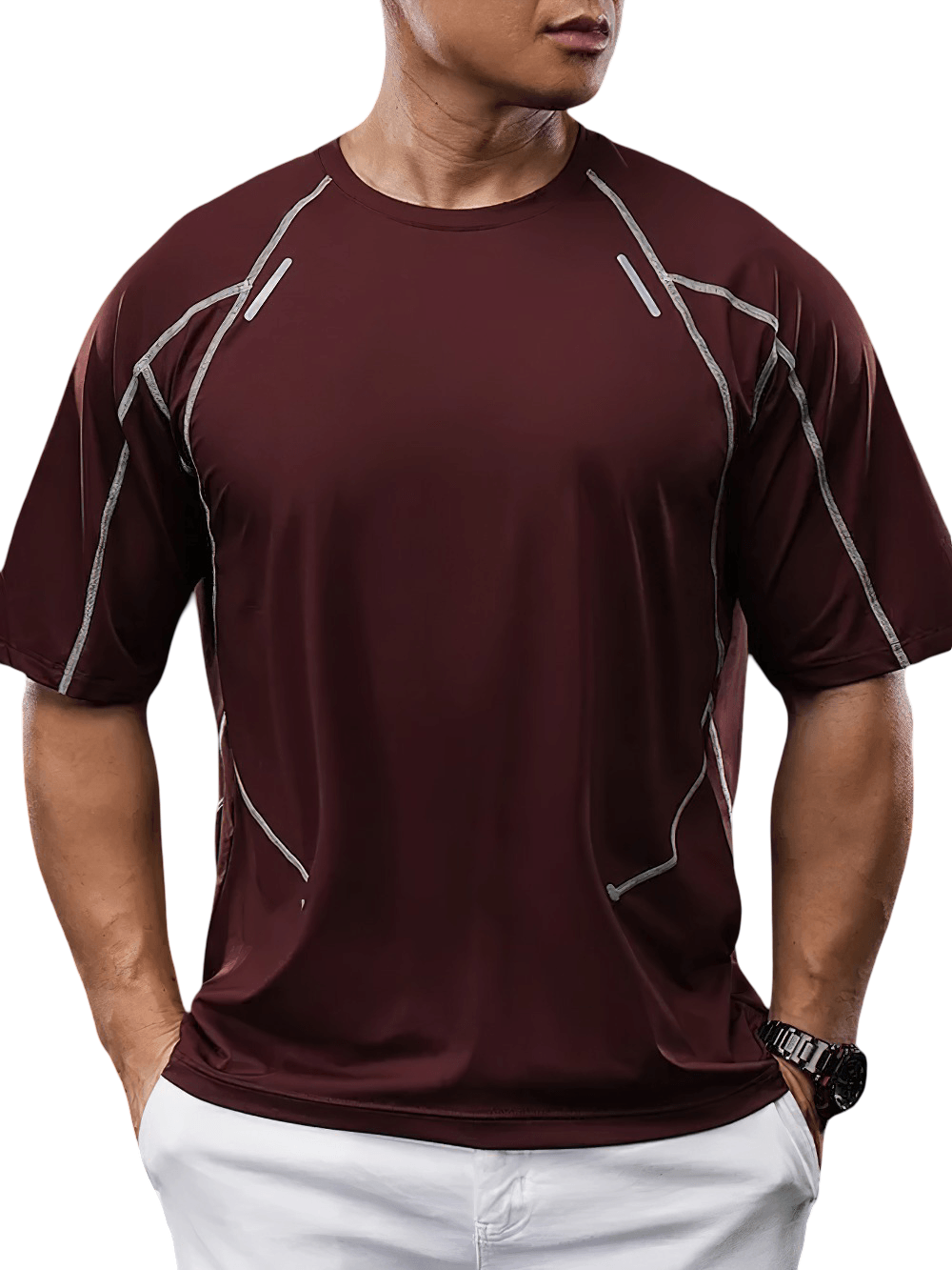 Quick Dry Running T-Shirt with Reflective Seams - SF4742 in burgundy color, designed for fitness activities.