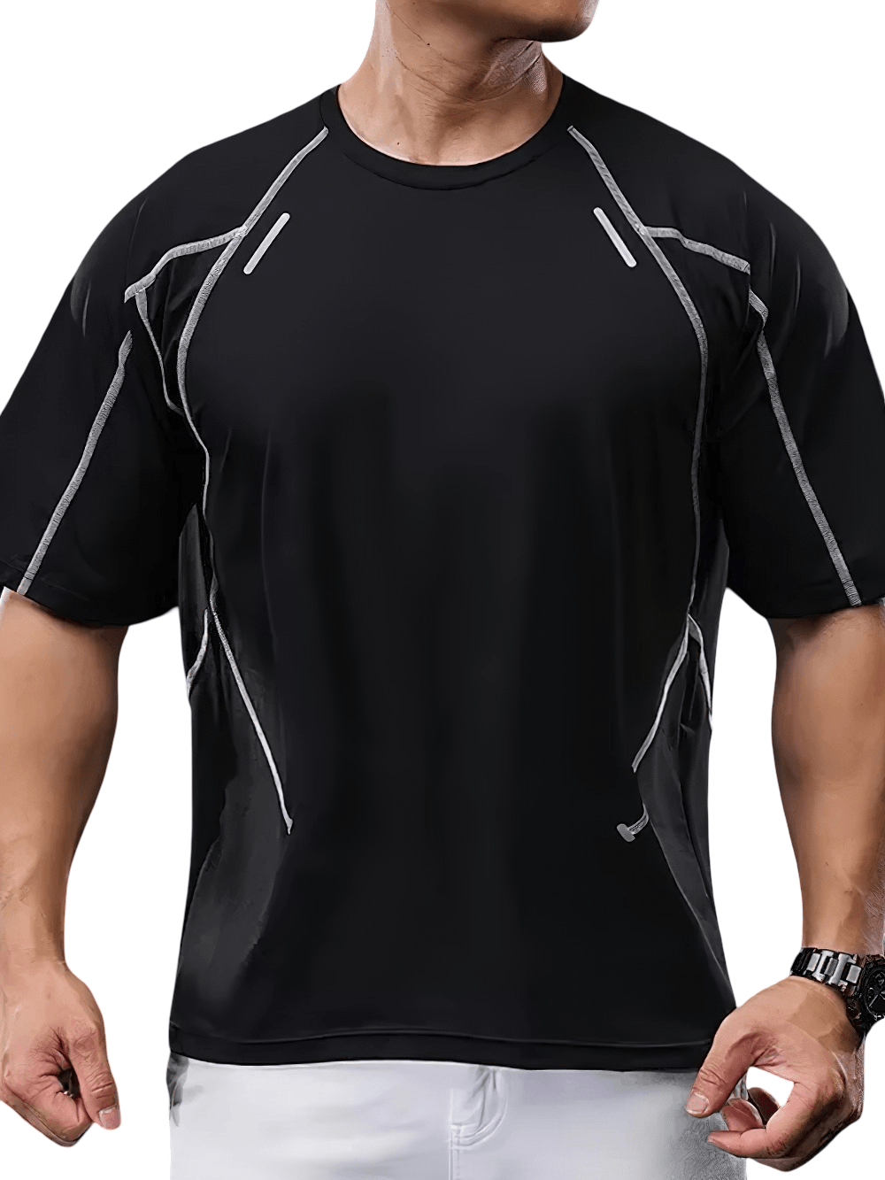 Quick Dry Running T-Shirt with Reflective Seams - SF4742 in black, featuring reflective seam detailing for active sports.