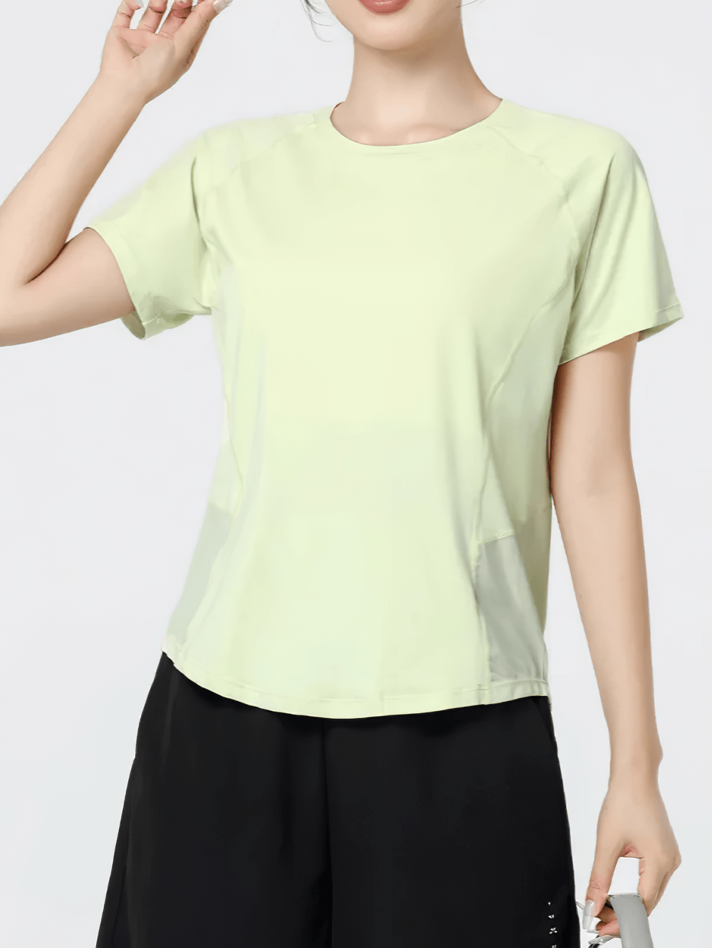 Alt Tag: Quick Dry Short Sleeve Sports T-Shirt for Women's - SF4430 light green breathable pullover tee with relaxed fit and curved hem