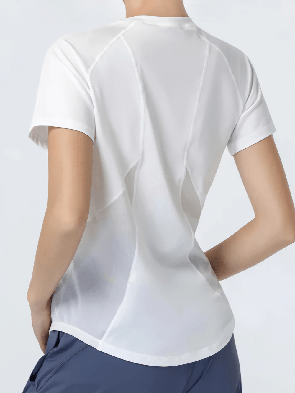 Alt Tag: Quick Dry Short Sleeve Sports T-Shirt for Women's - SF4430 white breathable curved-hem pullover with side slits, back view