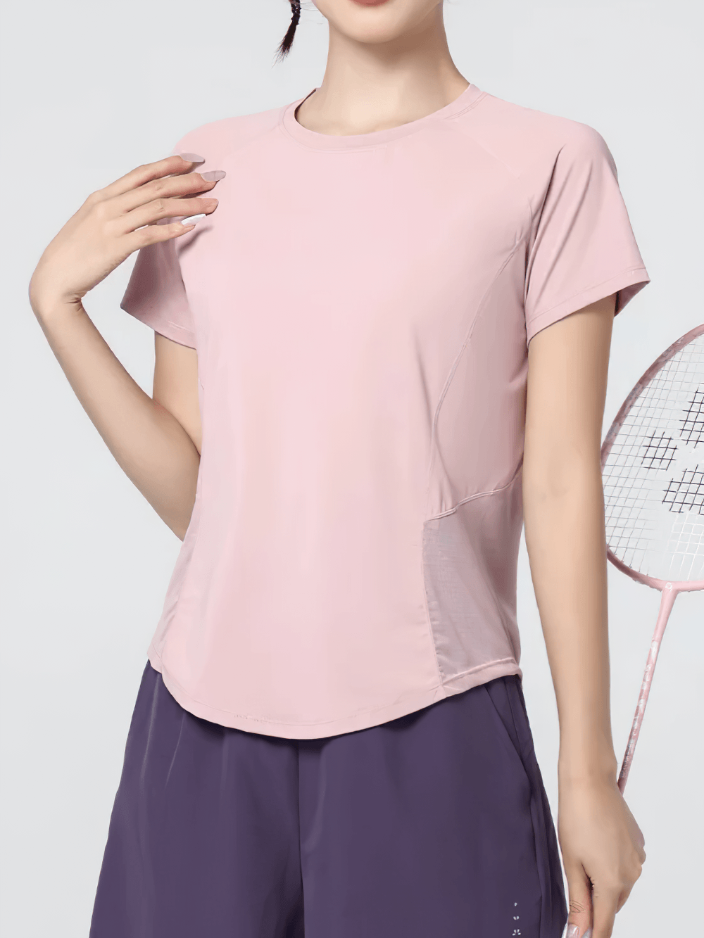 Alt Tag: Quick Dry Short Sleeve Sports T-Shirt for Women's - SF4430 pink breathable polyester curved hem relaxed fit women’s pullover top