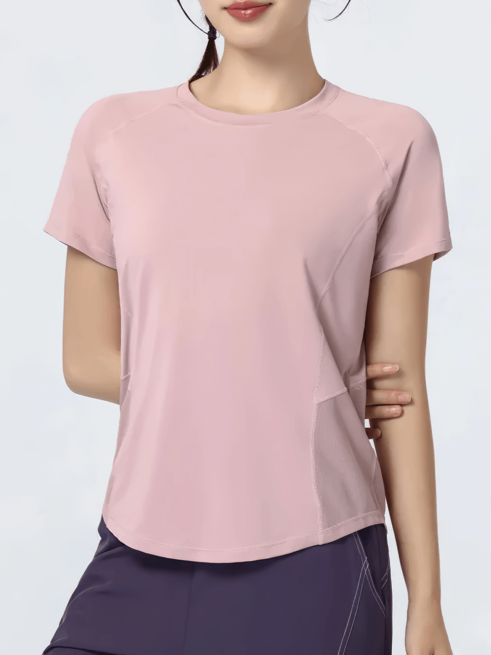 Alt Tag: Quick Dry Short Sleeve Sports T-Shirt for Women's - SF4430 pink breathable polyester tee with curved hem and side slits