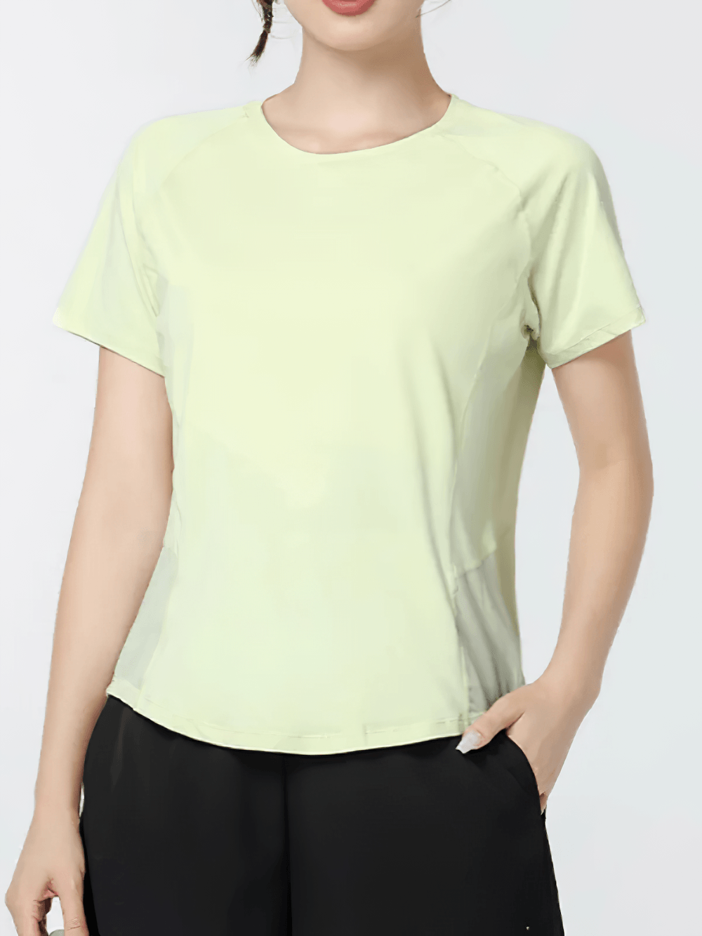 Alt Tag: Quick Dry Short Sleeve Sports T-Shirt for Women's - SF4430 light yellow quick-dry polyester tee with curved hem and side slits