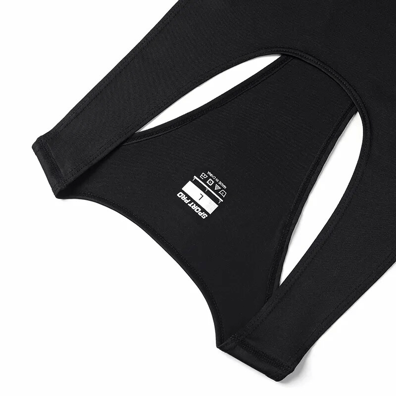 Close-up of black quick-dry sleeveless yoga top SF1587, highlighting breathable, lightweight acetate fabric for fitness.