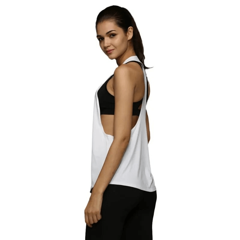 Woman wearing a Quick Dry Sleeveless Yoga Top in white, ideal for running and fitness. Lightweight, breathable, and comfortable design.