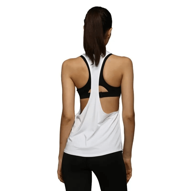 Back view of a woman wearing a quick-dry sleeveless yoga top, showcasing breathable design for running and fitness activities.