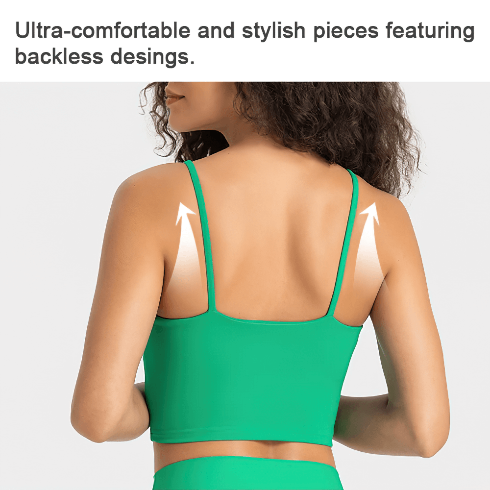Back view of woman wearing a sleeveless solid green yoga top, highlighting comfort and style for intense workouts.