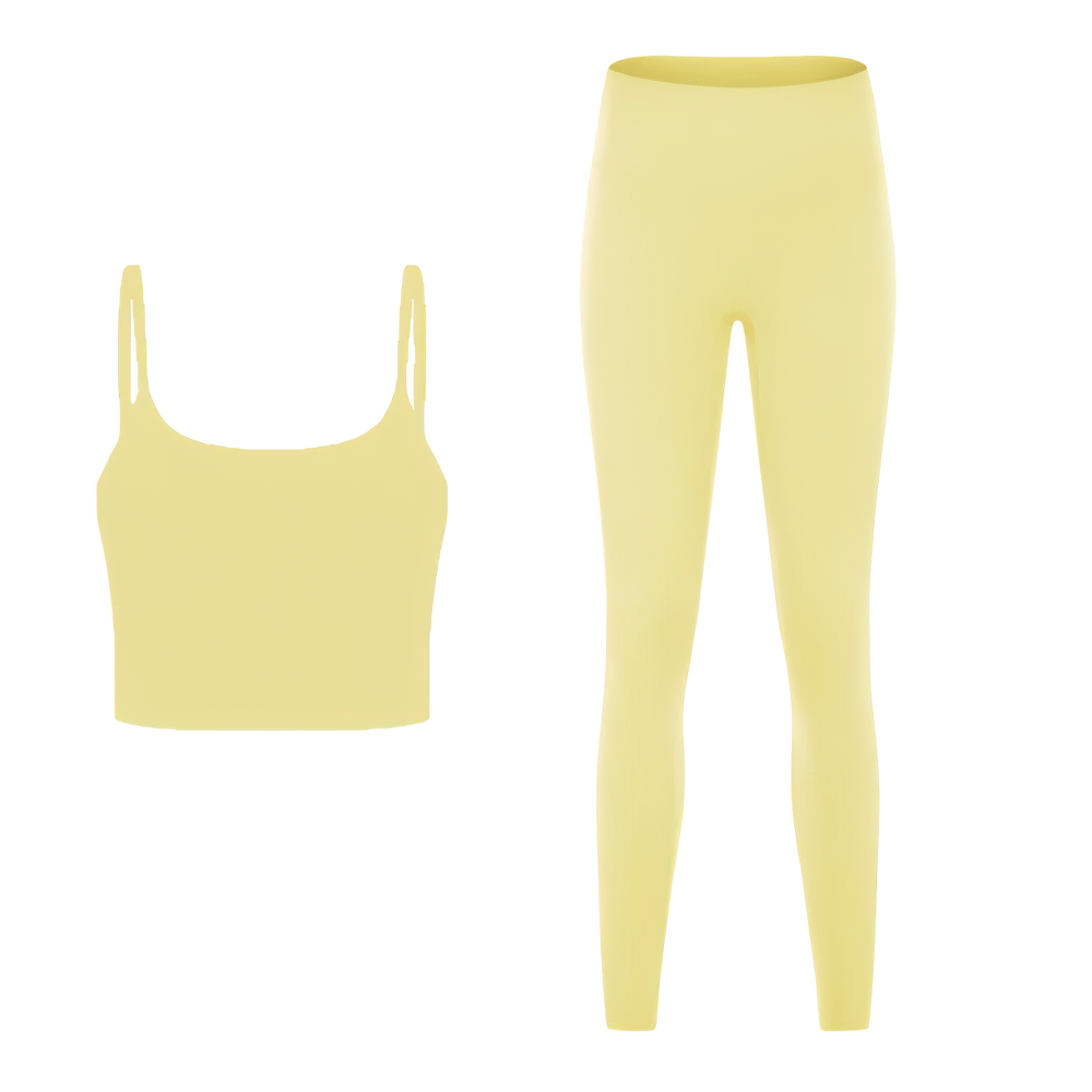 Eco-friendly yellow yoga set SF2144 with sleeveless crop top and leggings, quick-dry and anti-pilling design for optimal performance.