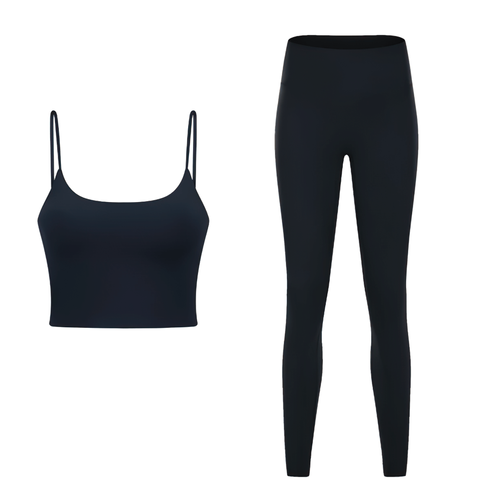 Eco-friendly quick-dry sleeveless yoga set SF2144, includes solid color crop top and leggings, perfect for intense workouts.