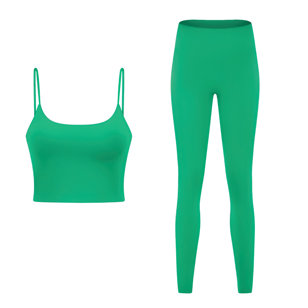 Quick Dry Solid Color Sleeveless Yoga Set - SF2144, eco-friendly, anti-pilling, 2-piece yoga outfit with crop top and leggings, green.
