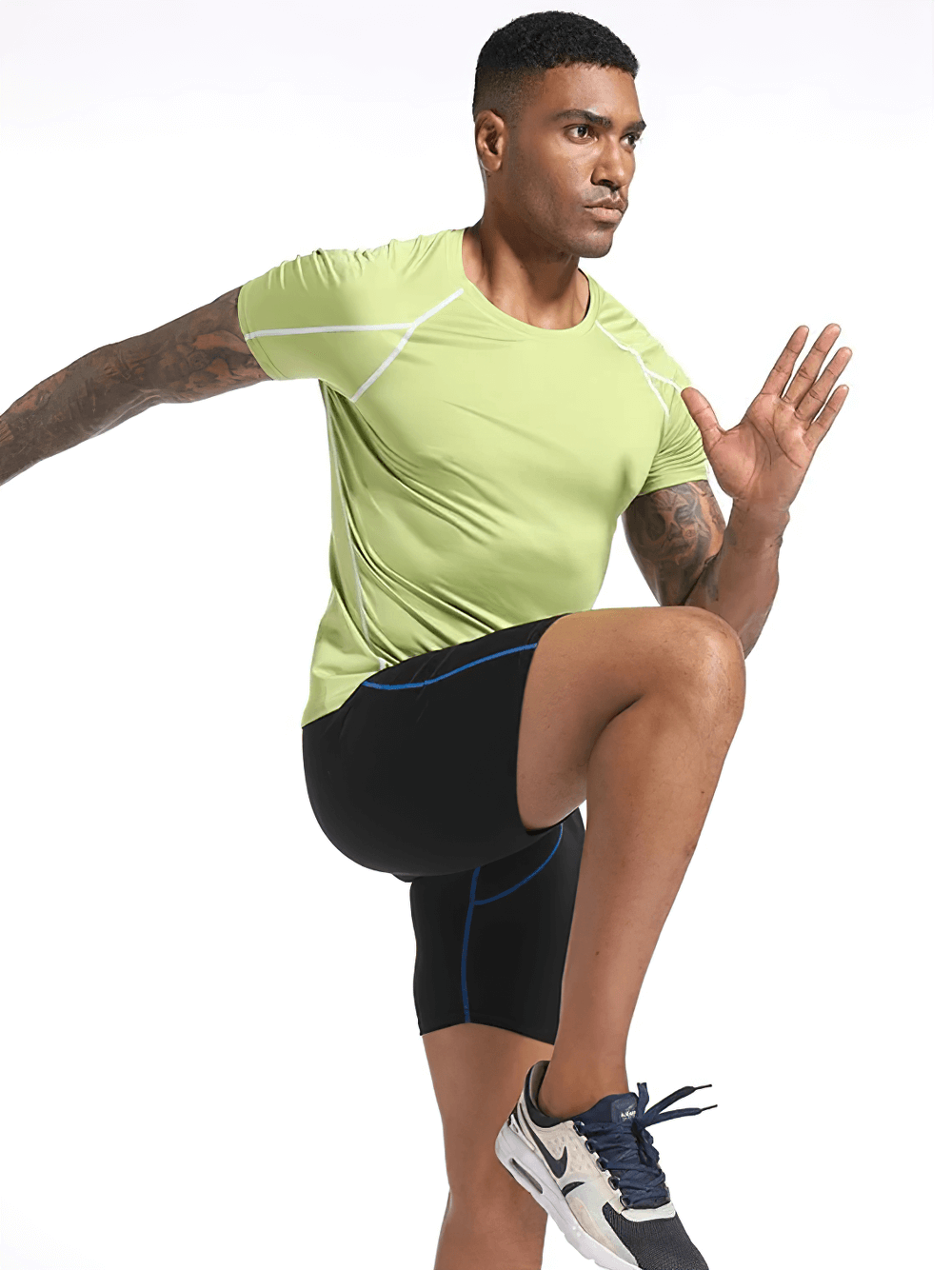 Alt Tag: Quick Dry Sports T-Shirt with Contrast Seams - SF4399 men’s quick-dry training tee with contrast seams, short sleeves, gym workout pose